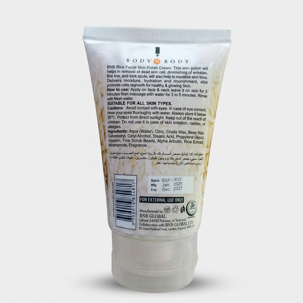Back of BNB Rice Facial Skin Polish Cream tube displaying full ingredients, usage instructions, and expiration date